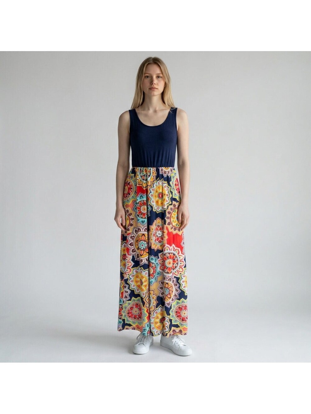 Zattcas Dress Women S Small Blue Geometric Maxi Long Sleeveless Rayon Stretch